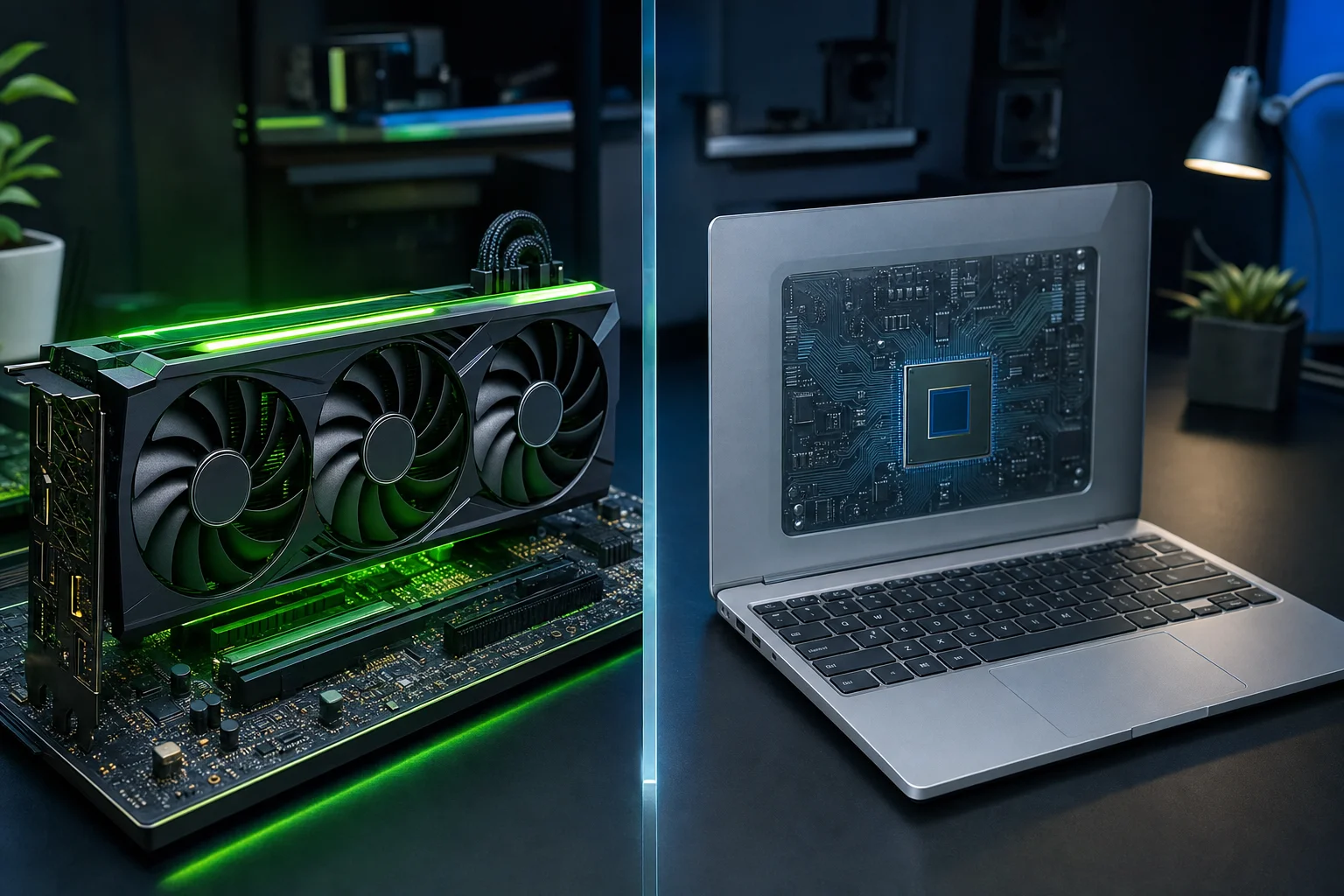 CUDA対応の動画生成AIツールと内蔵GPUしか持たないノートPCの対比イメージ