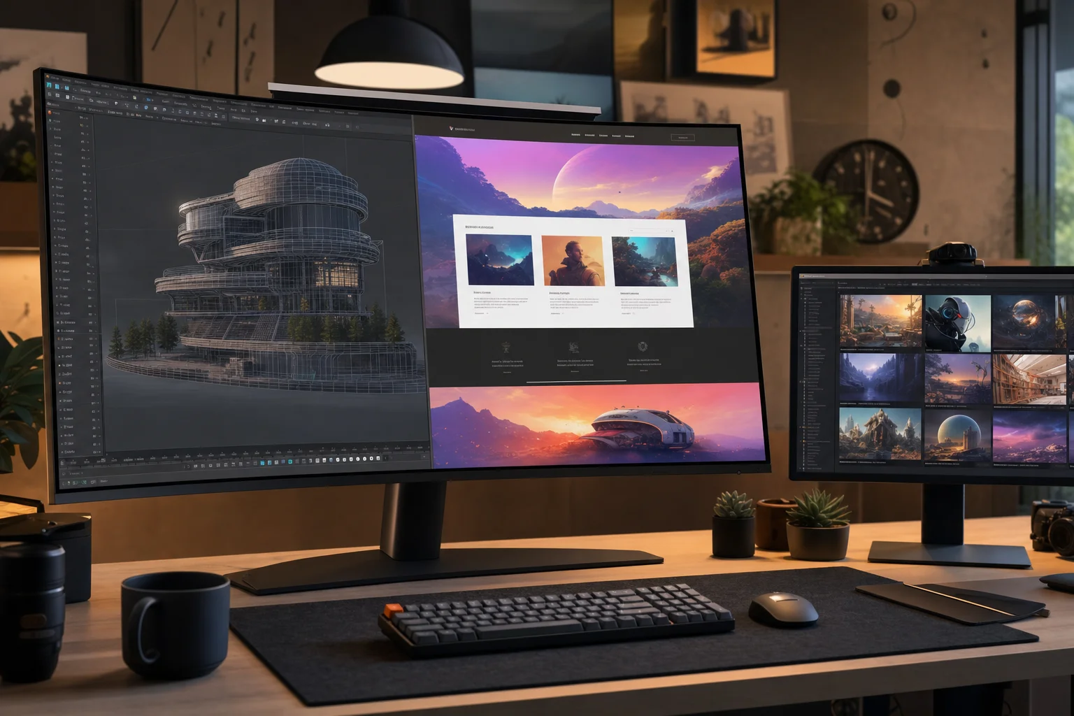 3Dワイヤーフレームモデルとウェブデザインのモックアップが並んだデザイナーの作業画面イメージ